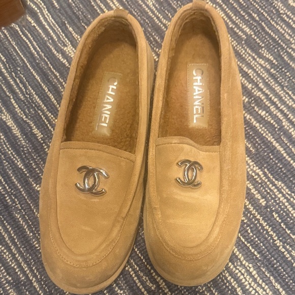 CHANEL Shoes - CHANEL Tan Suede CC Logo Slip-On Loafers